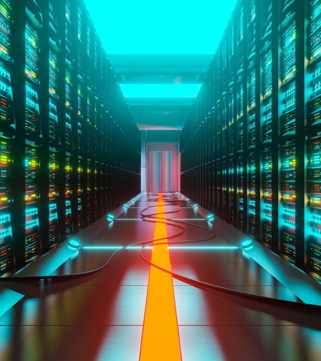 Data center with server racks in a corridor room. 3D render of digital data and cloud technology